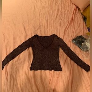 Betsey Johnson brown bronze GLITTER v neck long sleeve top